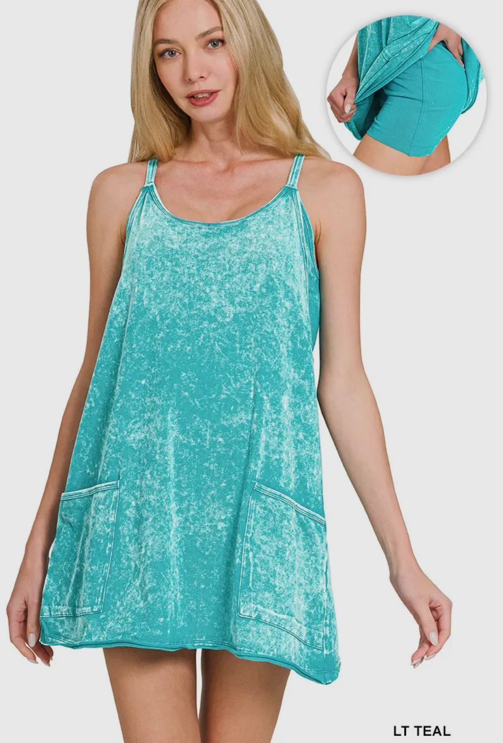 Acid Washed Mini Dress with Built-in Romper Liner