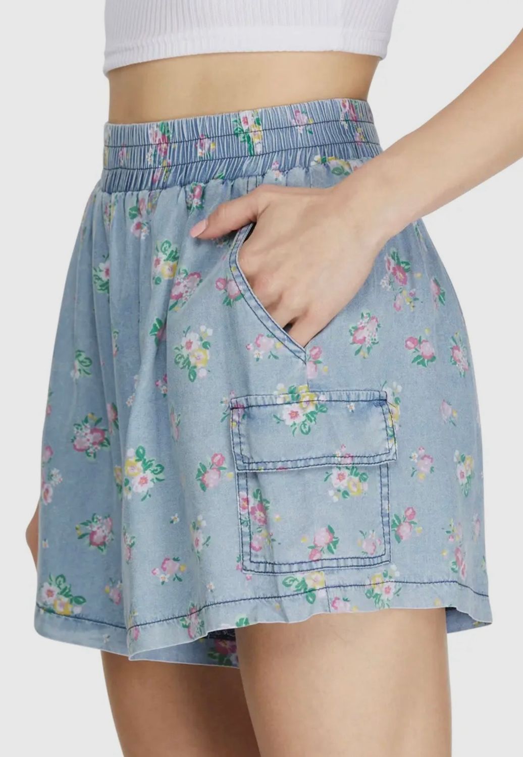 Floral Print Chambray Washed Tencel Shorts