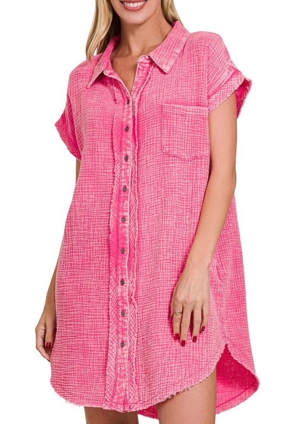 Acid Wash Double Gauze Button Down Shirt Dress