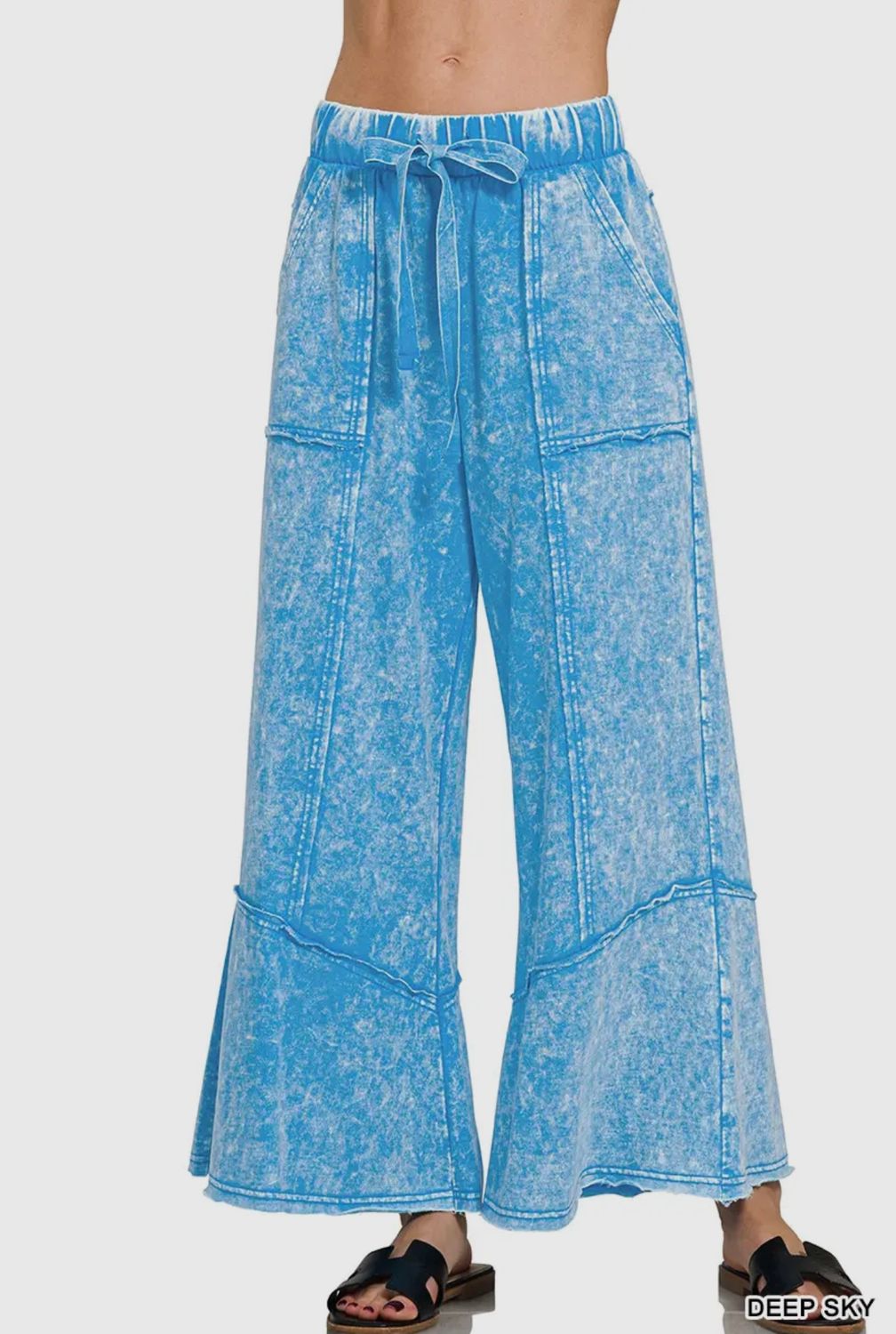 Acid Wash Exposed Seam Wide Leg Pants with Pockets
