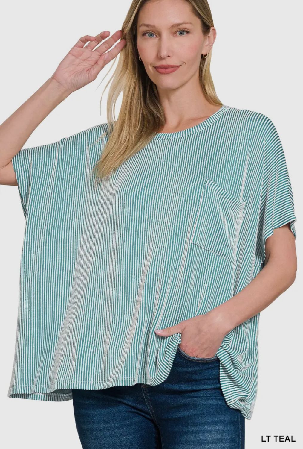 Corded Rib Oversized Short-Sleeve Pocket Top