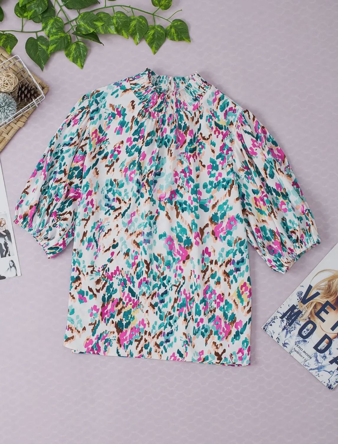 Abstract Print Mock Neck Puff Sleeve Blouse, Color: Light Blue, Size: S