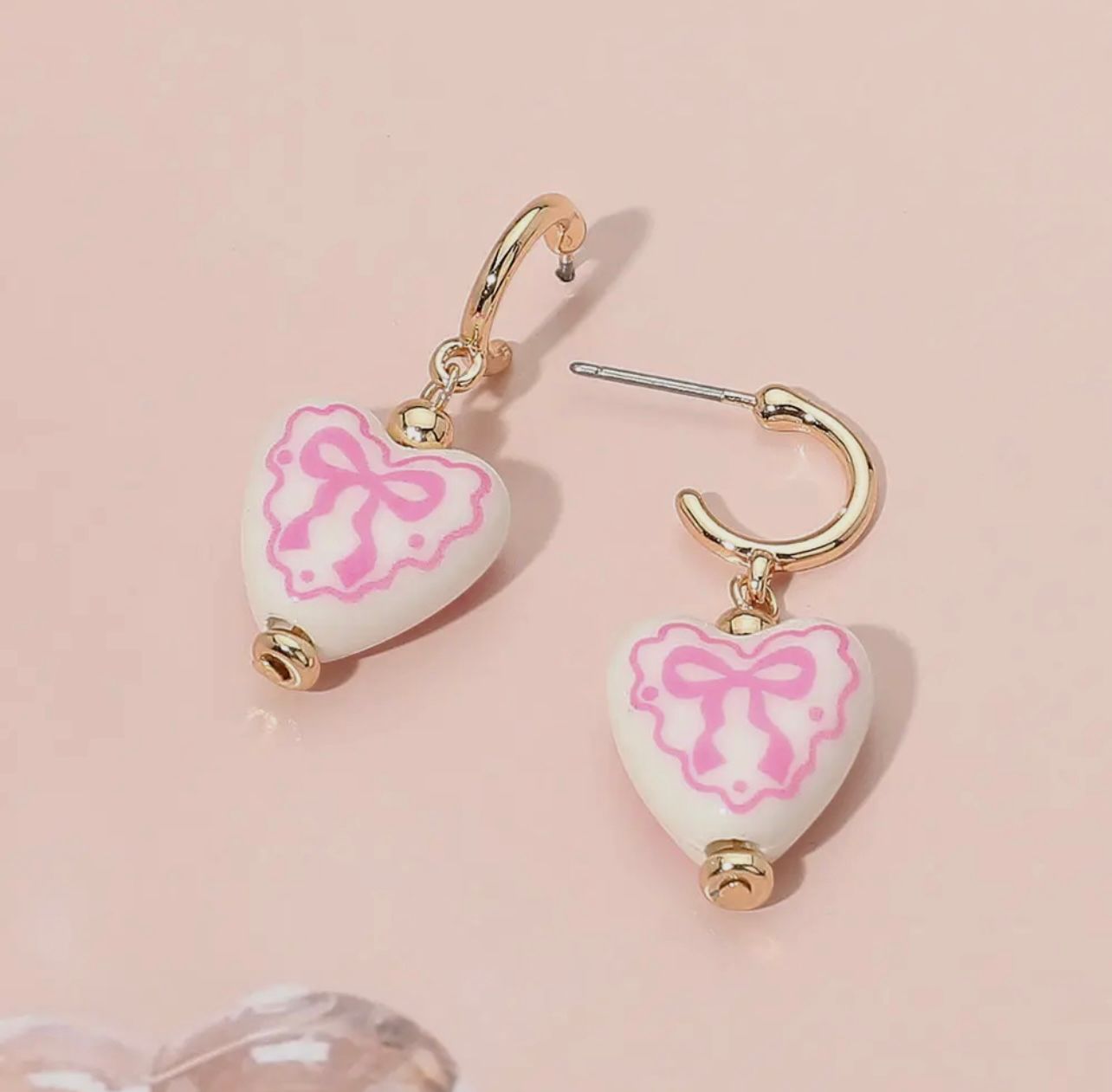 Bow Printed Heart Ceramic Charm Dangle Earrings
