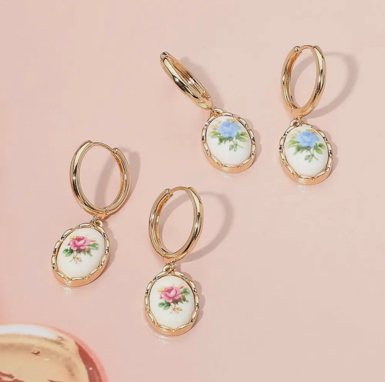 Oval Floral Ceramic Charm Dangle Earrings