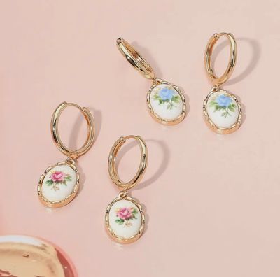 Oval Floral Ceramic Charm Dangle Earrings
