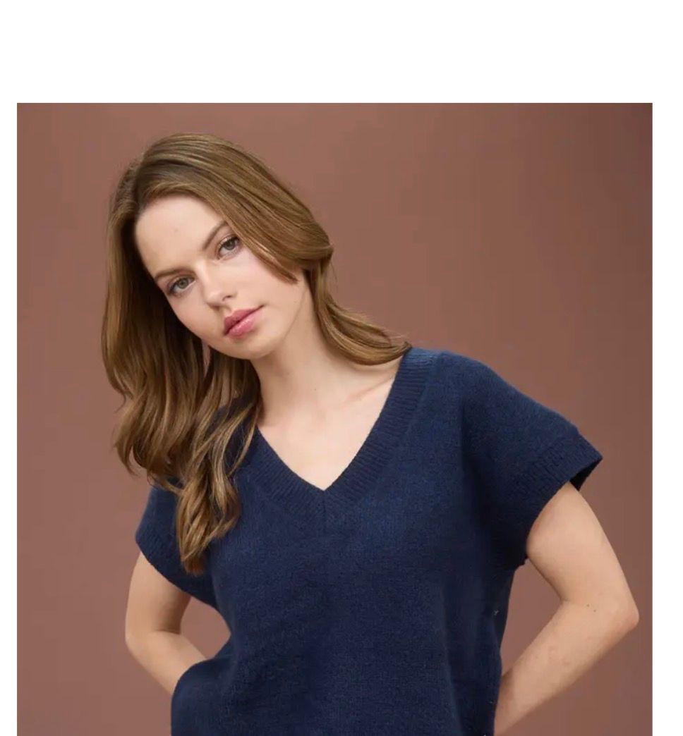 V Neck Short Sleeve Knit Pullover Sweater S