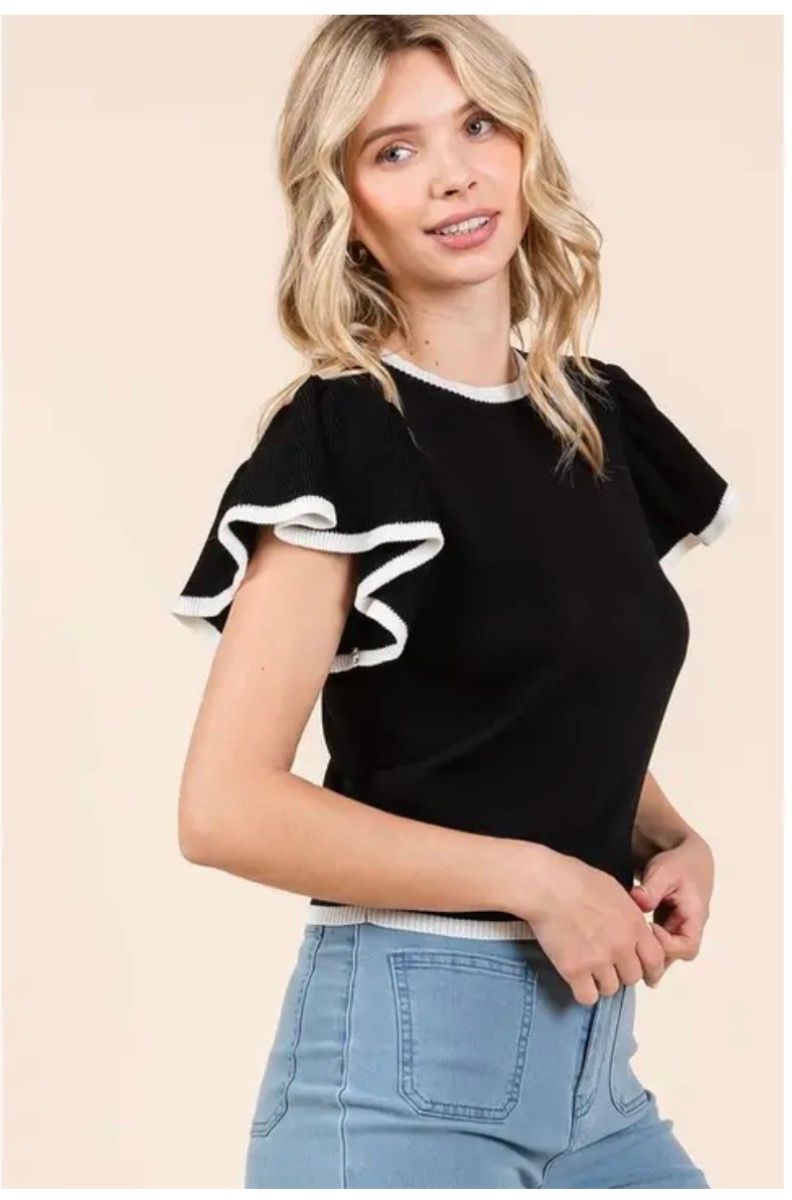 Contrast Ruffle Sleeve Sweater Knit Top S