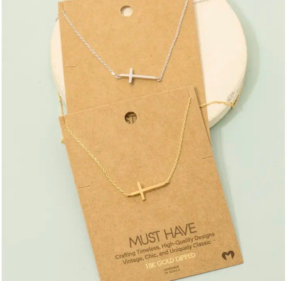 Gold Dipped Side Cross Pendant Necklace