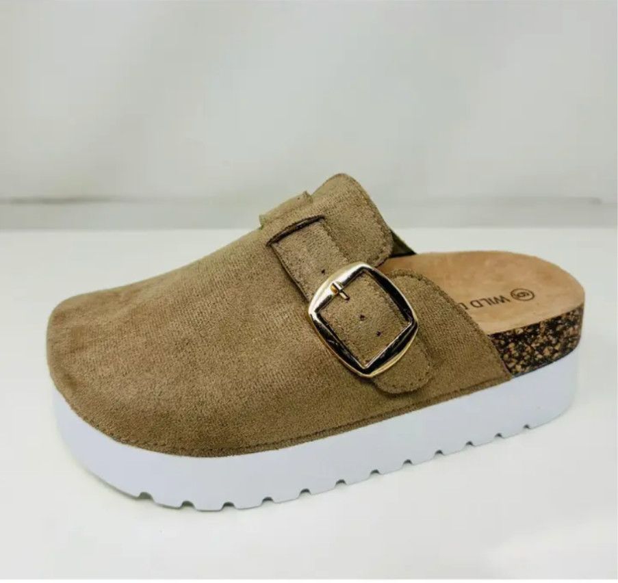 Women Cork Sole Thick Bottom Buckle Mules 8
