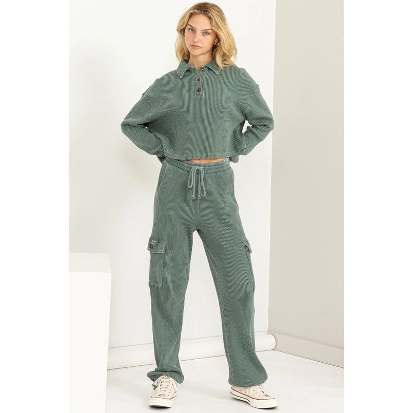 Waffle-Knit Henley Gray Green Top S