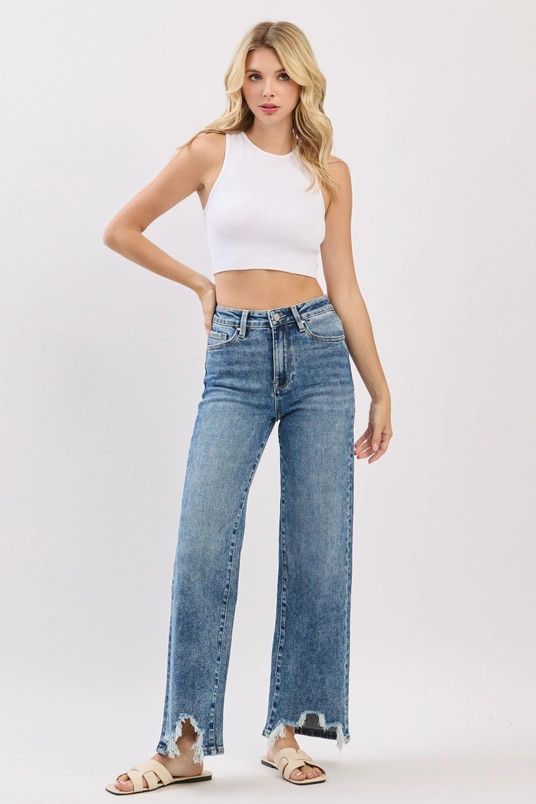 High Rise Slim Wide Leg W/ Destroyed Hem Jeans 1/24