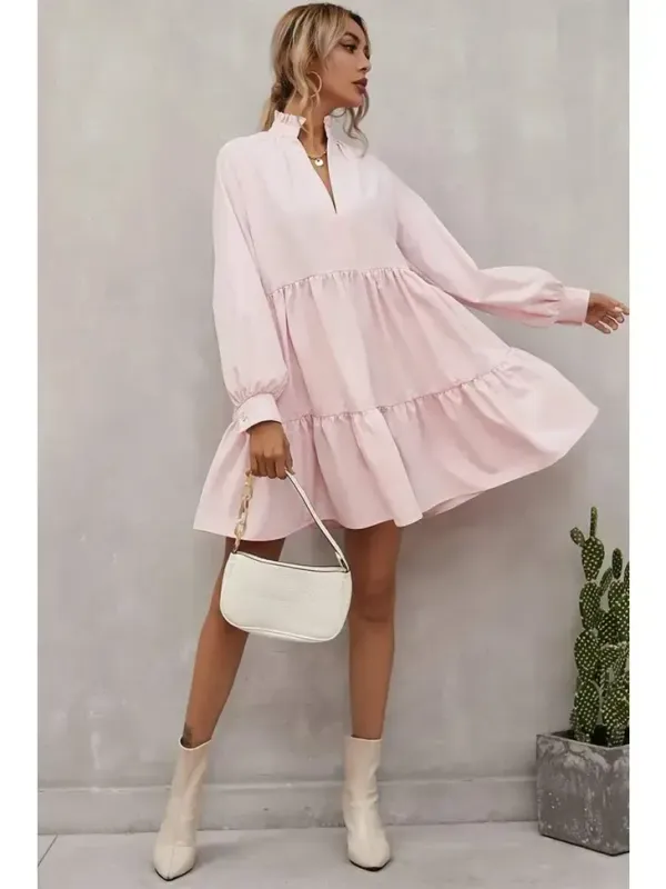 Frilled Stand Collar Long Sleeve Dress