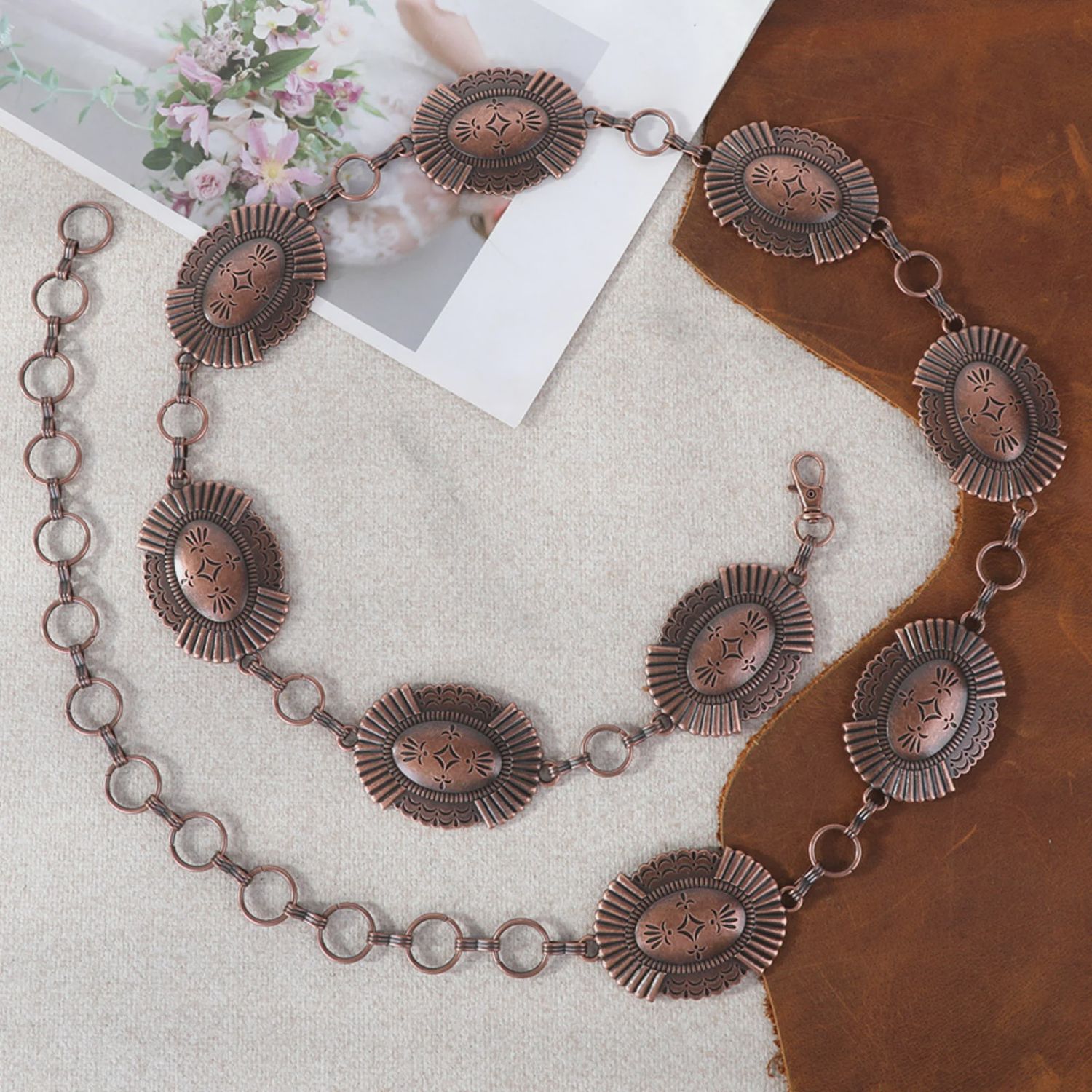 Rustic Couture Etched Oval Concho Link Chain Belt