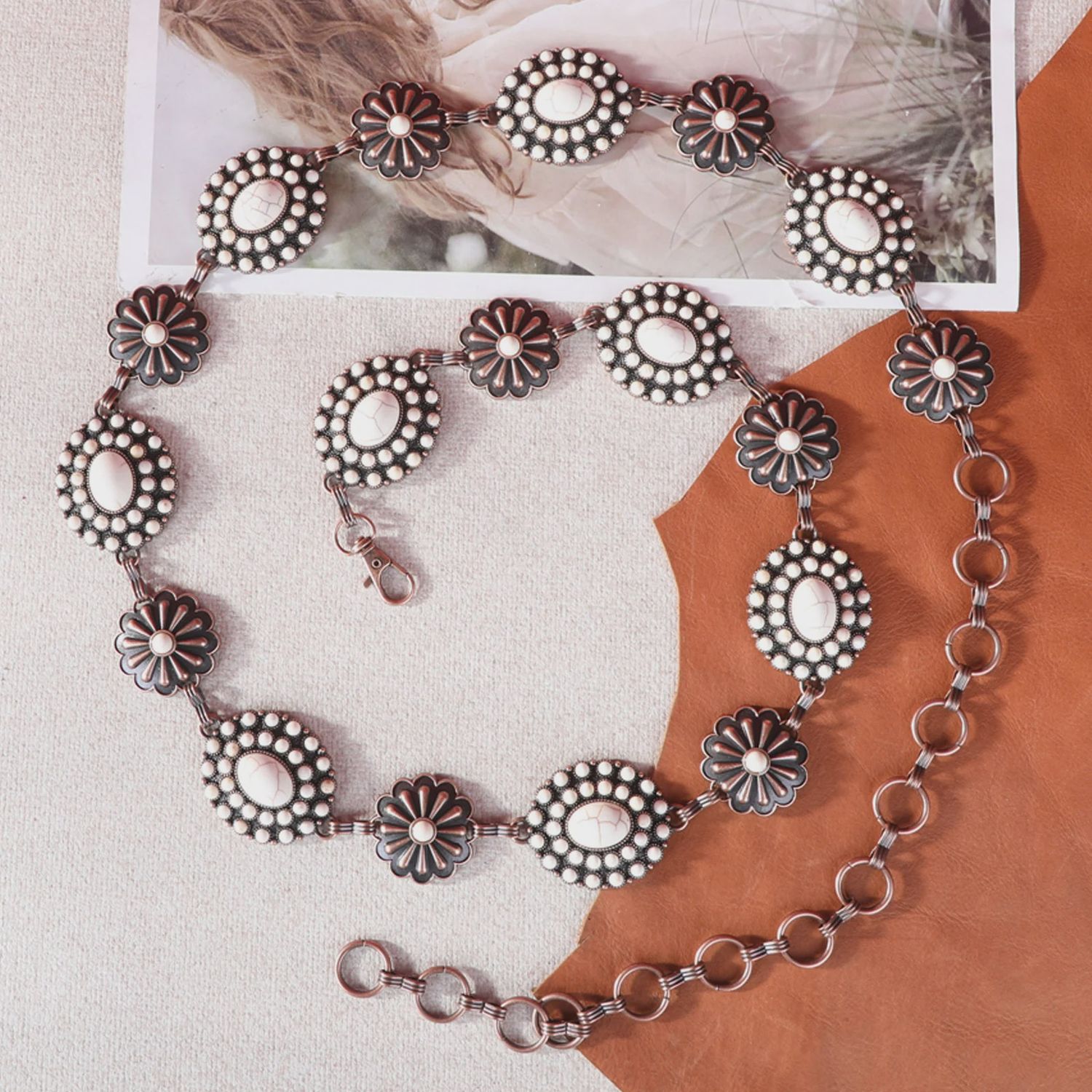 Rustic Couture Oval Flower Stone Concho and daisy conchos Link Chain Belt