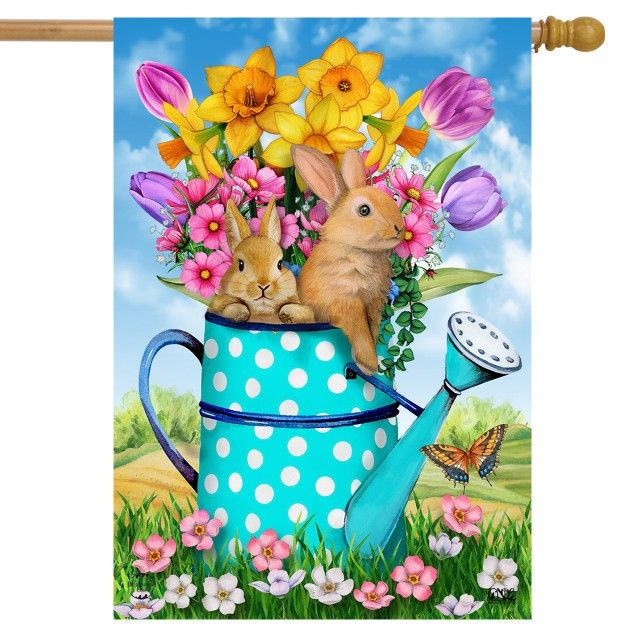 Bunny And Watering Can House Flag