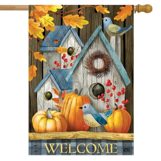 Rustic Fall Birdhouse House Flag