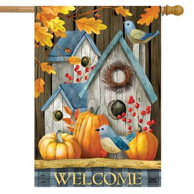 Rustic Fall Birdhouse House Flag