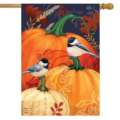 Pumpkins and Chickadees House Flag