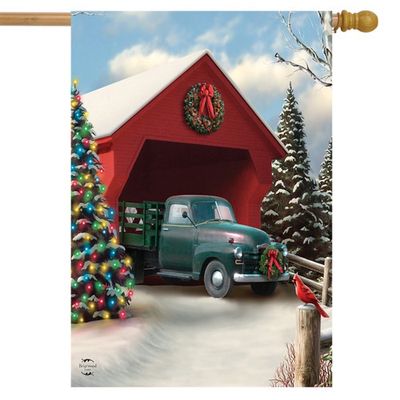 Snow Covered Bridge House Flag