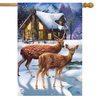 Winter Cabin Deer House Flag