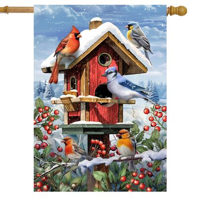 Winter Birdhouse Gathering House Flag