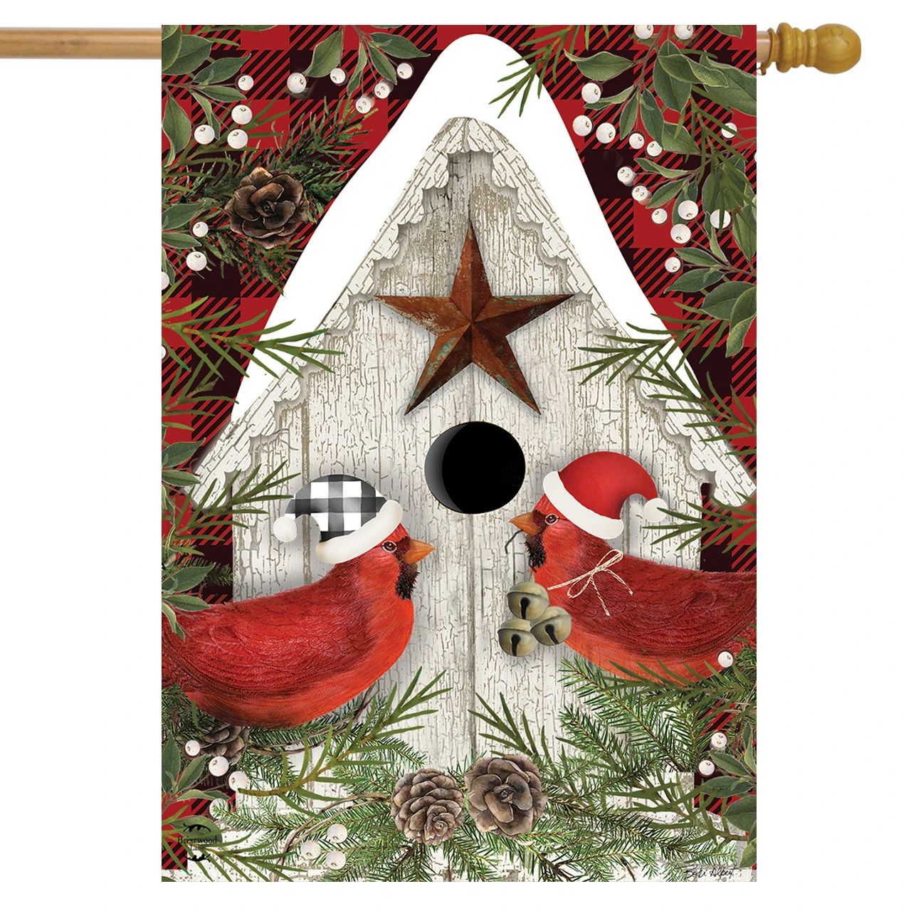 Winter Cardinals Birdhouse House Flag