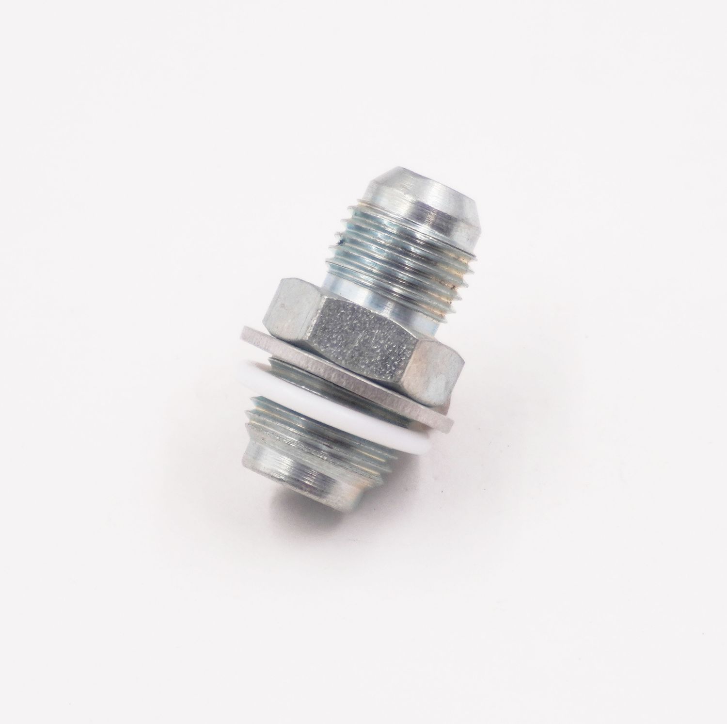 Power Steering Adapter: Early Mustang Rack Pressure Fitting - 1/2-20 Male Thread With Washer To -6AN - (Steel) - (1 Adapter) - 11775-2