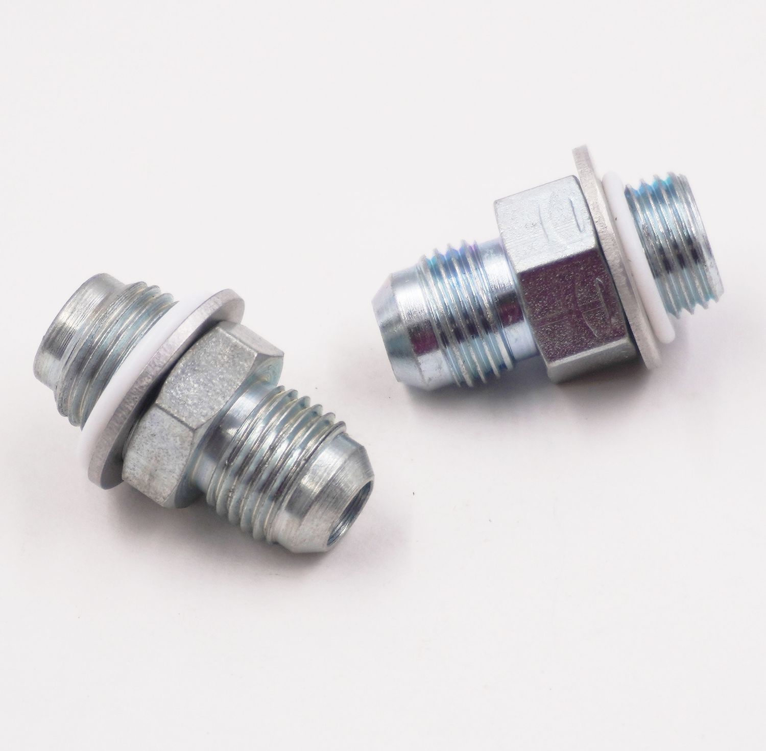 Power Steering Adapter Kit: Mustang Rack - 14mm 1.5 &amp; 16mm 1.6 x -6 AN (Steel, Made in USA, Includes Crush Washers &amp; TeflonO- Rings)-11785