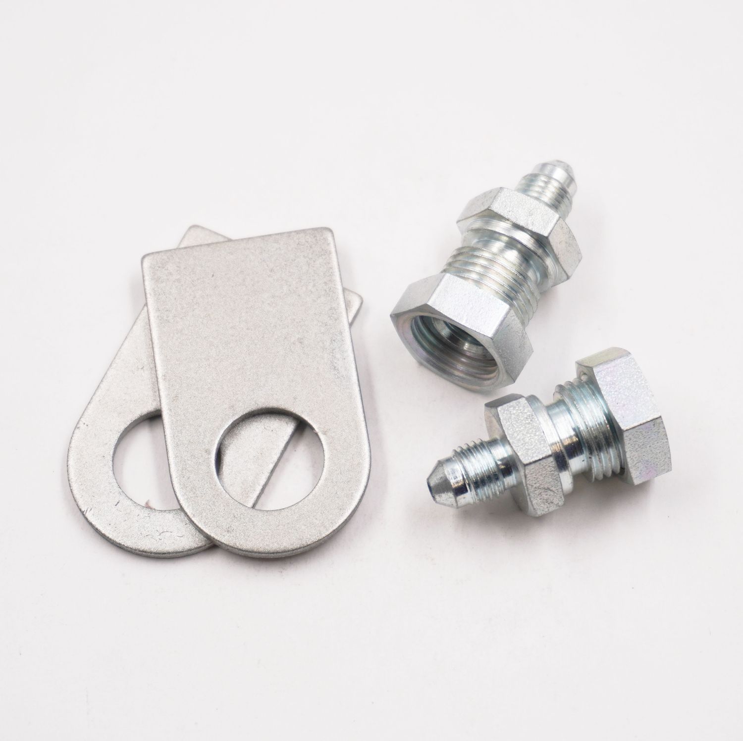 Brake Line Tab Kit Threaded: 2 Threaded Bulkhead Adapters (3/16 Female Inverted Flare x -3 AN Male), -2 Tabs, 2 Nuts &amp; 2 Bulkheads. - Steel - 2145