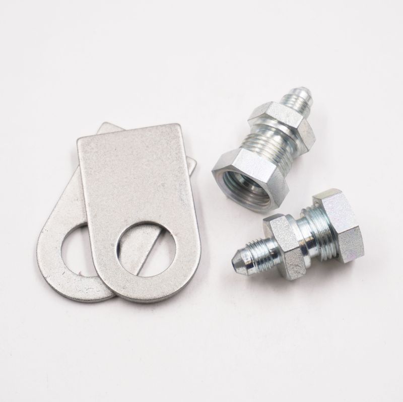 Brake Line Tab Kit Threaded: 2 Threaded Bulkhead Adapters (3/16 Female Inverted Flare x -3 AN Male), -2 Tabs, 2 Nuts &amp; 2 Bulkheads. - Steel - 2145