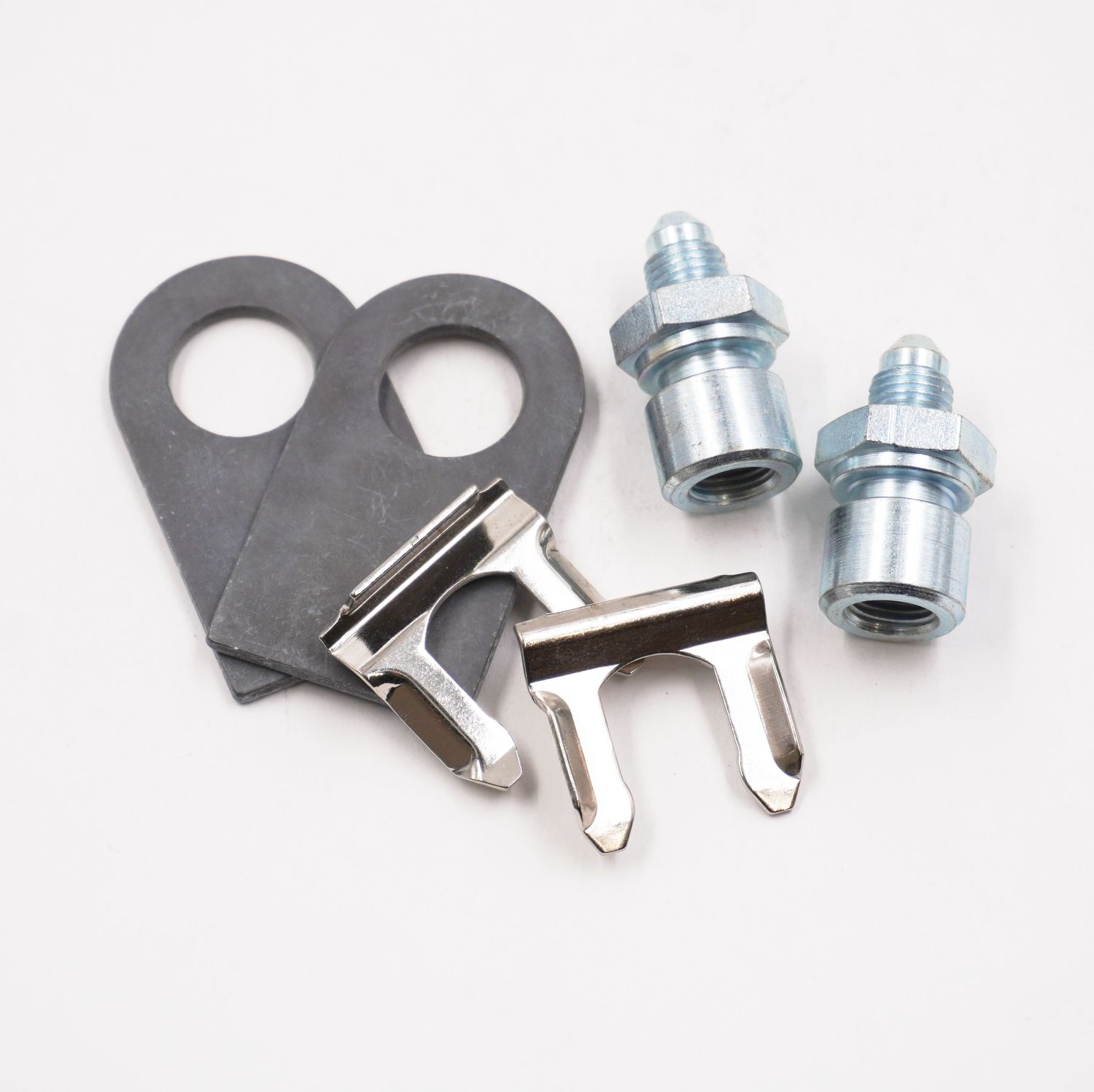 Brake Line Tab Kit: 2 Bulkhead Adapters (10MM-1.00 Inverted Flare x -3 AN Male), -2 Tabs, 2 Clips &amp; 2 Bulkheads - Steel - 2160