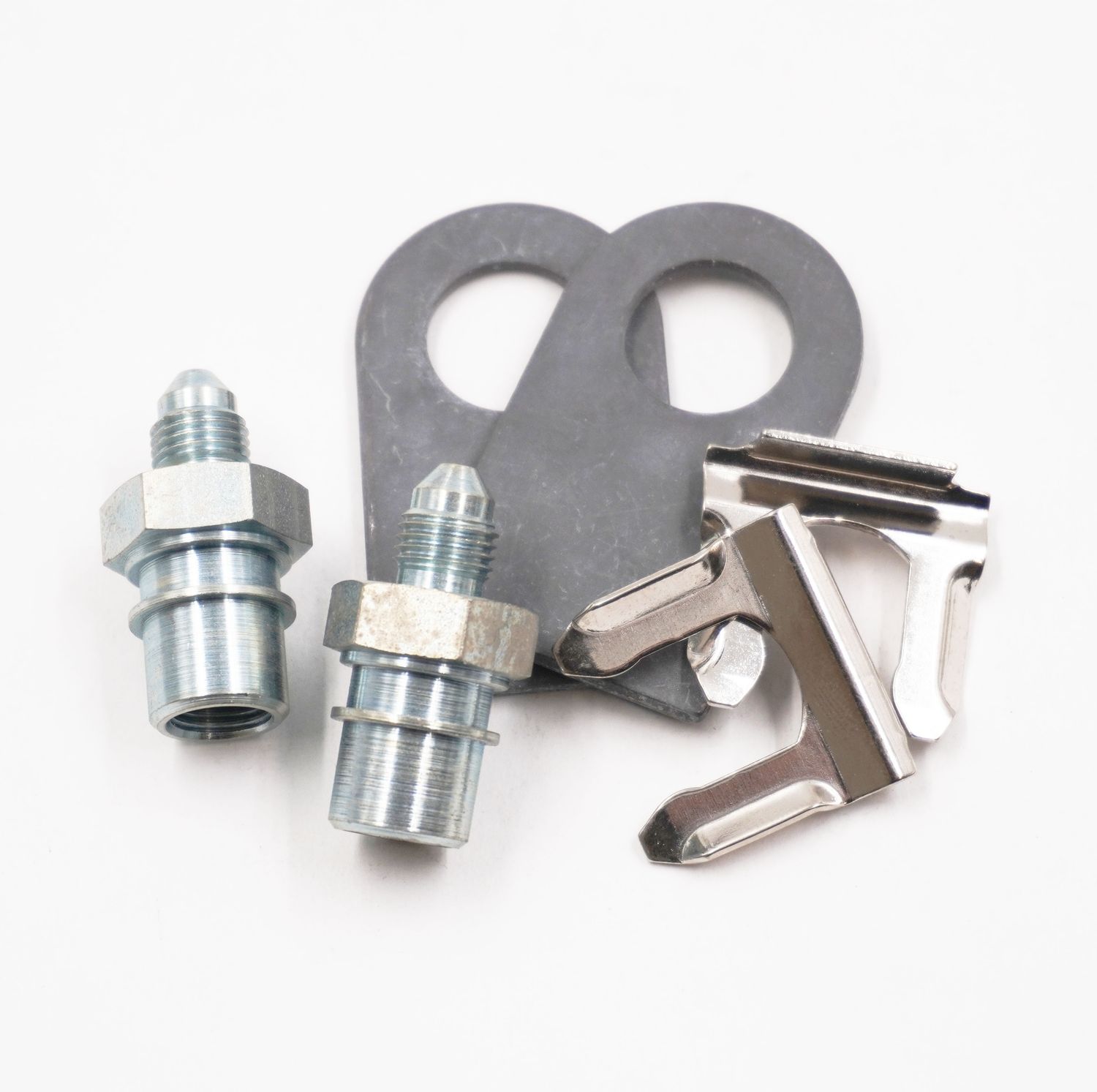 Brake Line Tab Kit: 2 Bulkhead Adapters (10MM-1.00 Bubble Flare x -3 AN Male), -2 Tabs, 2 Clips &amp; 2 Bulkheads - Steel - 2165
