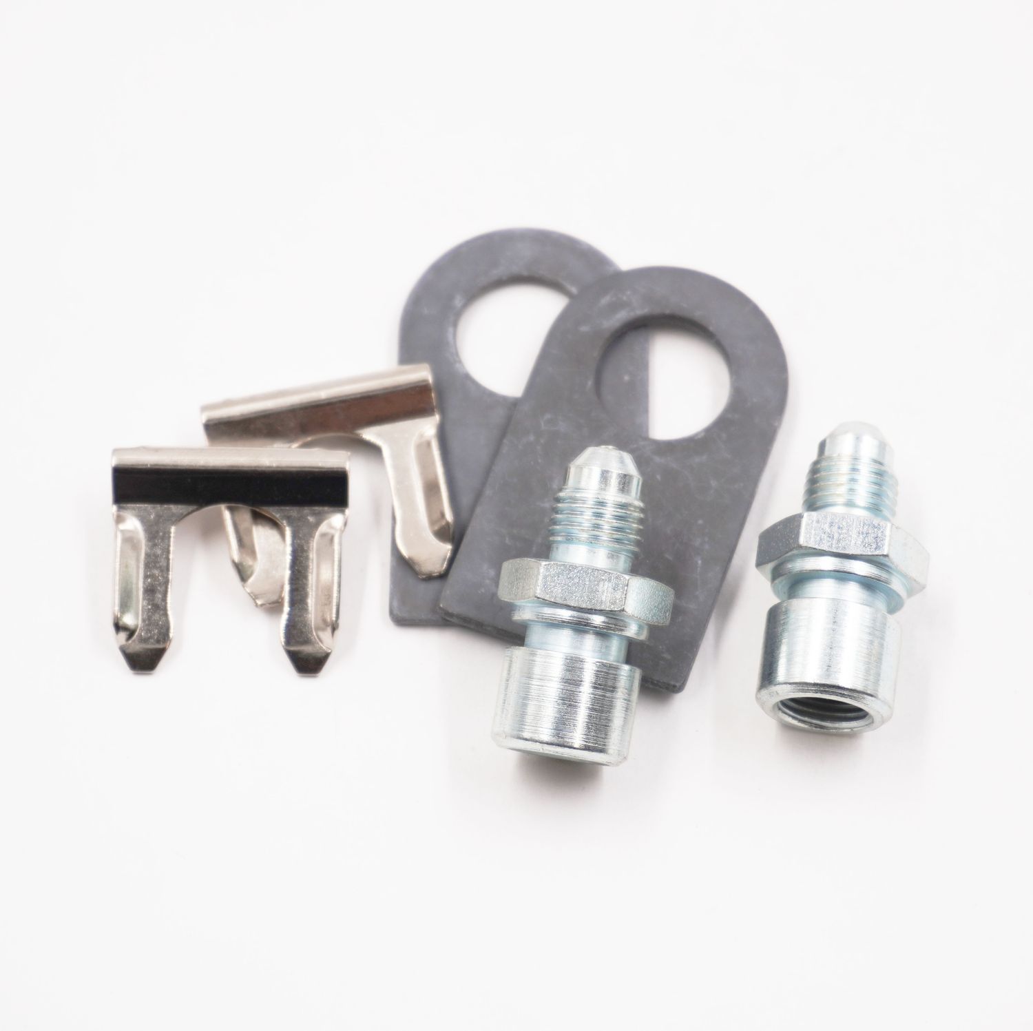 Brake Line Tab Kit: 2 Bulkhead Adapters (1/4 Female Inverted Flare x -4AN Male), -2 Tabs, 2 Clips &amp; 2 Bulkheads. - Steel - 2180