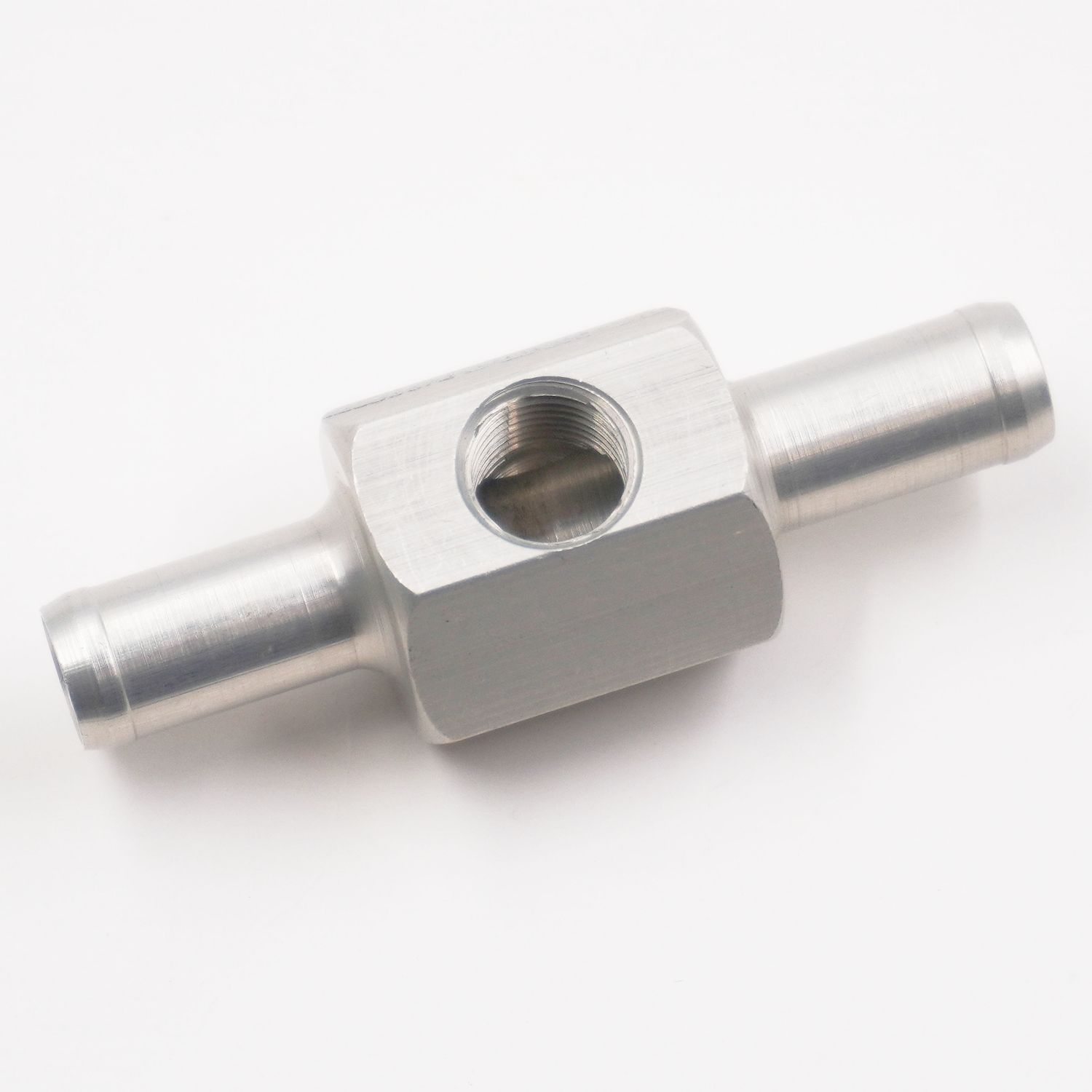Pressure Gauge Adapter Fitting: 3/8&quot; Hose Barb x 3/8&quot; Hose Barb W/ 1/8&quot; NPT Gauge Port in Hex- (Clear Aluminum) - 5290
