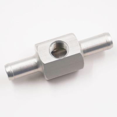 Pressure Gauge Adapter Fitting: 3/8&quot; Hose Barb x 3/8&quot; Hose Barb W/ 1/8&quot; NPT Gauge Port in Hex- (Clear Aluminum) - 5290