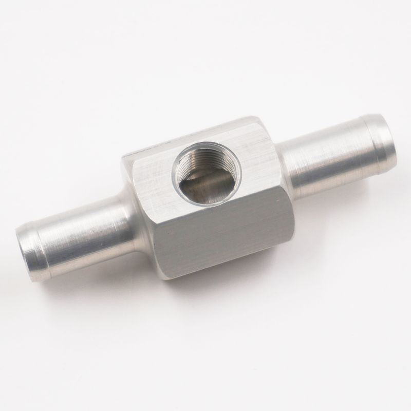 Pressure Gauge Adapter Fitting: 3/8&quot; Hose Barb x 3/8&quot; Hose Barb W/ 1/8&quot; NPT Gauge Port in Hex- (Clear Aluminum) - 5290