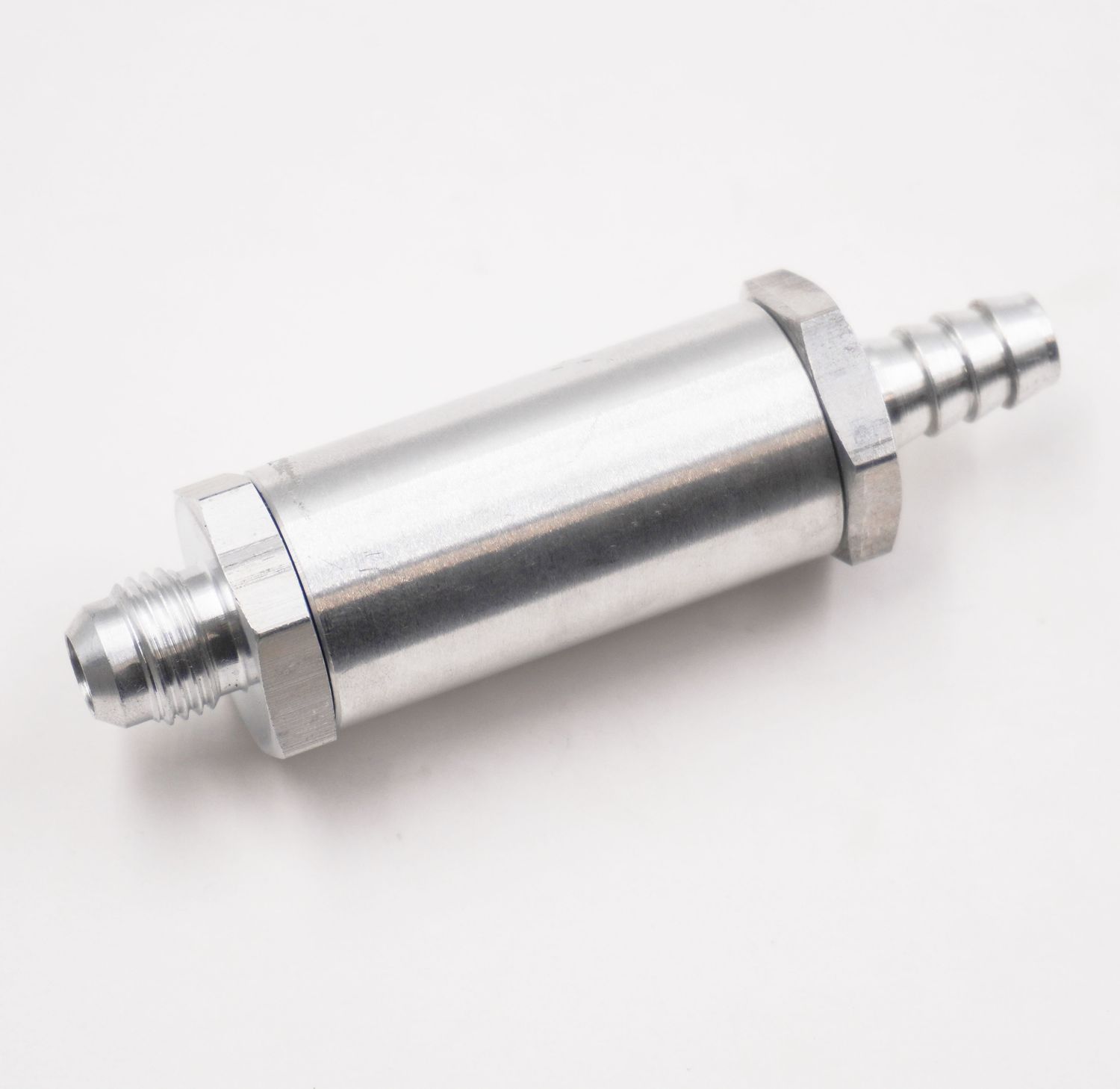 Fuel Filter Assembly: -6AN x -3/8&quot; Hose Barb - 100 Micron Stainless Element - 1&quot; Diameter - (Clear Aluminum) - 5015