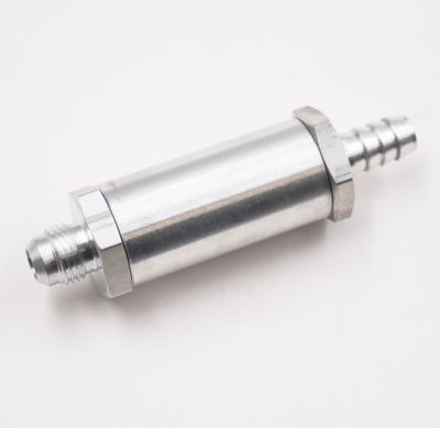 Fuel Filter Assembly: -6AN x -3/8&quot; Hose Barb - 100 Micron Stainless Element - 1&quot; Diameter - (Clear Aluminum) - 5015