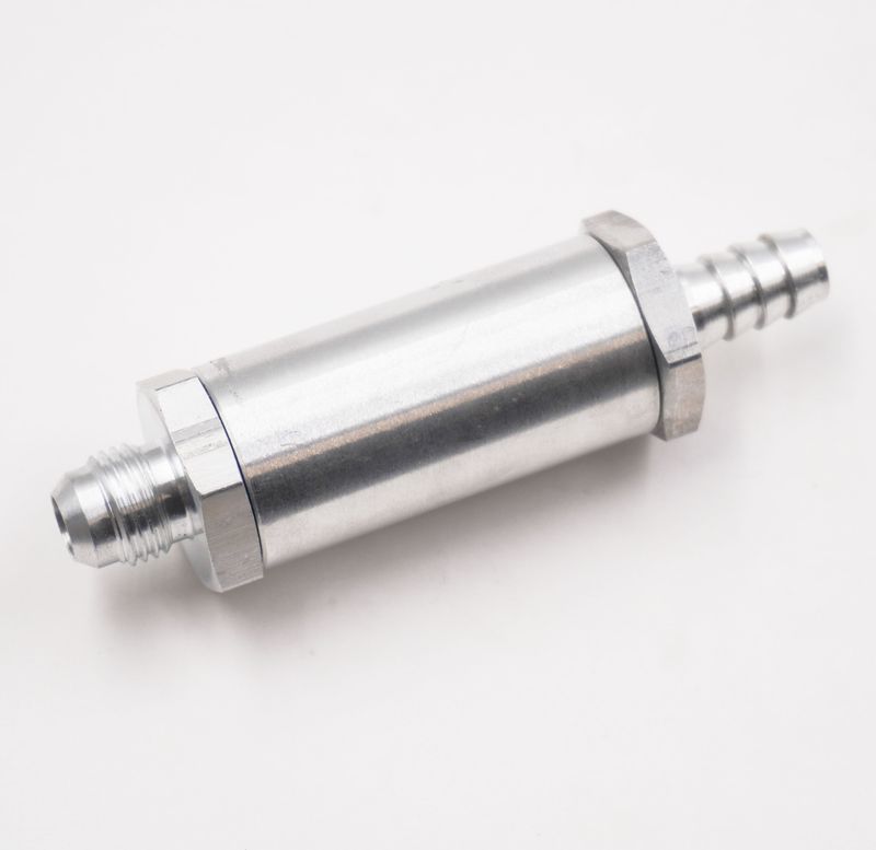 Fuel Filter Assembly: -6AN x -3/8&quot; Hose Barb - 100 Micron Stainless Element - 1&quot; Diameter - (Clear Aluminum) - 5015