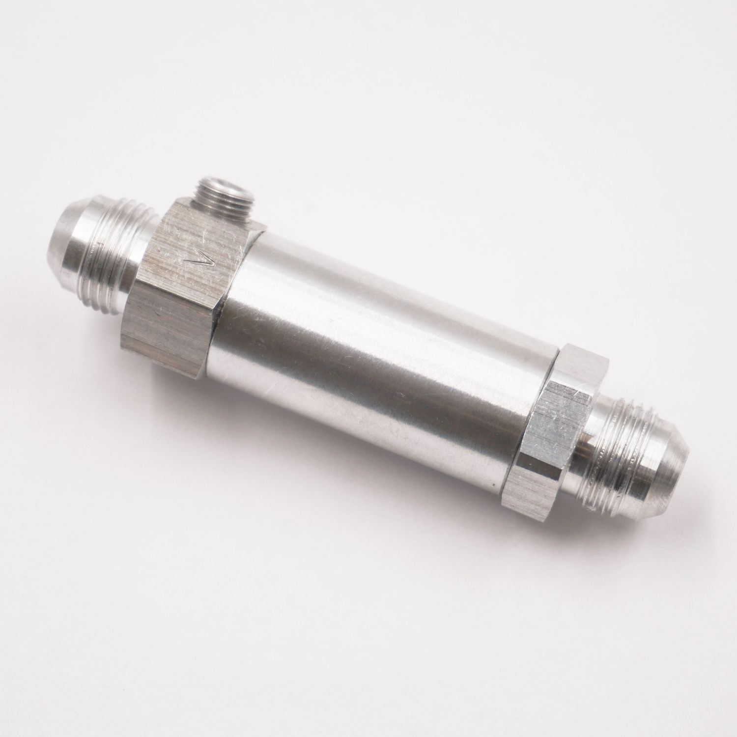 Fuel Filter Assembly: -8AN x -8AN - 100 Micron Stainless Element  W/ Gauge Port - 1&quot; Diameter (Clear Aluminum) - 5050