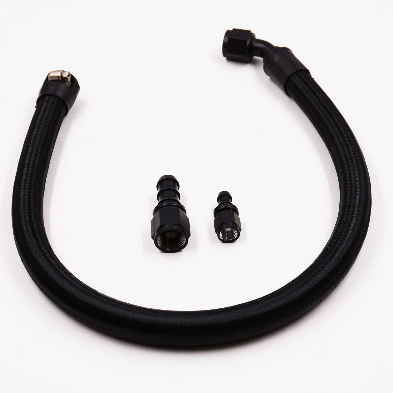 Pure Stealth Remote Reservoir Power Steering Hose Kit - 45 Degree on Pump - 180 Degree on Reservoir - X11918045, Color: Stealth Black