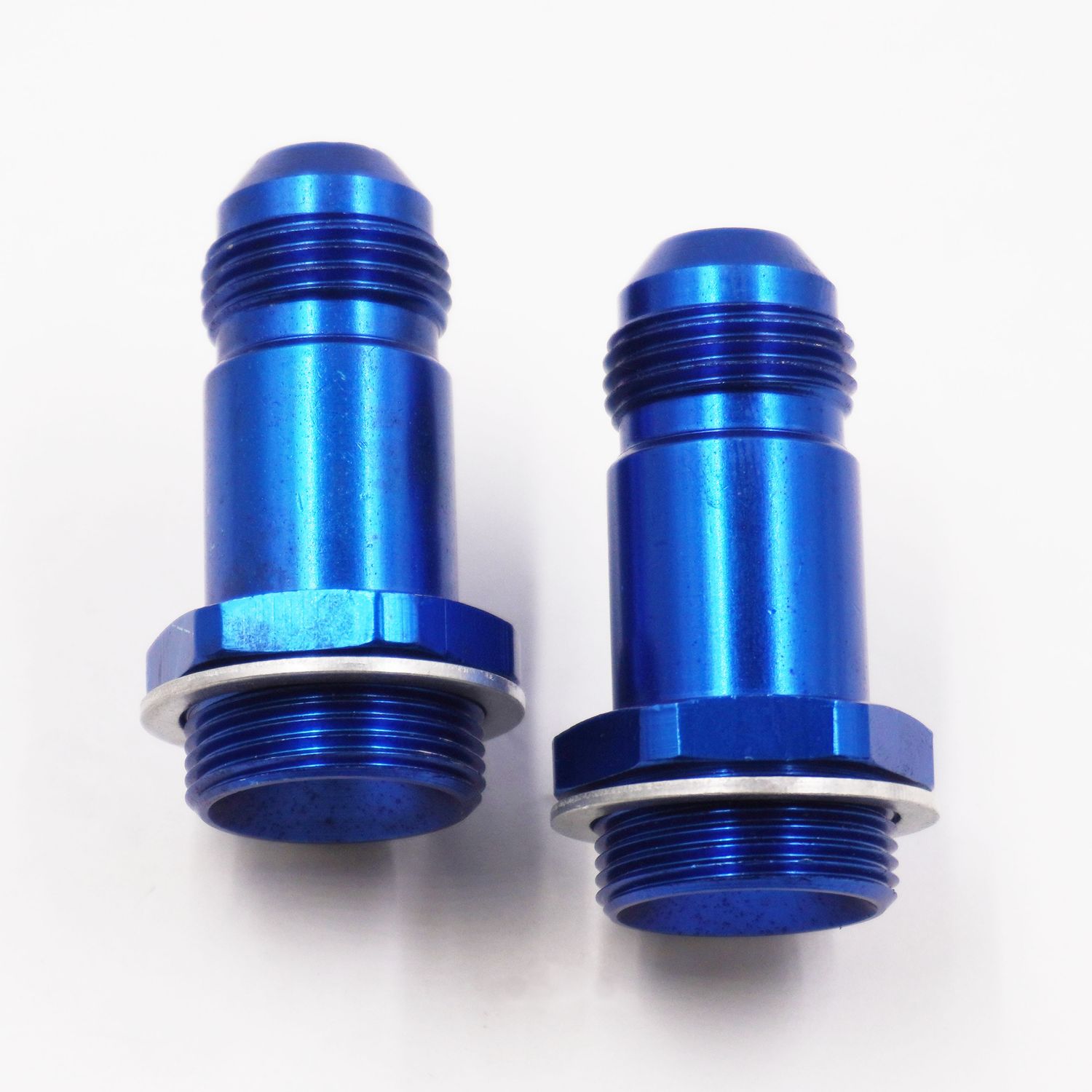 Holley Carburetor Adapter Fittings: 7/8-20 x -8AN (2&quot; Long Blue Aluminum/Pair W/ Crush Washers) - 5210