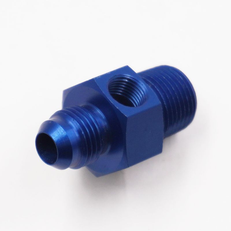 Pressure Gauge Adapter Fitting: -6AN Male X 3/8&quot; NPT Male W/ 1/8&quot; NPT Gauge Port in Hex - (Blue Aluminum)  - 5305