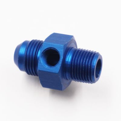 Pressure Gauge Adapter Fitting: -8AN x 3/8&quot; NPT Male W/ 1/8&quot; NPT Gauge Port in Hex - (Blue Aluminum) - 5315