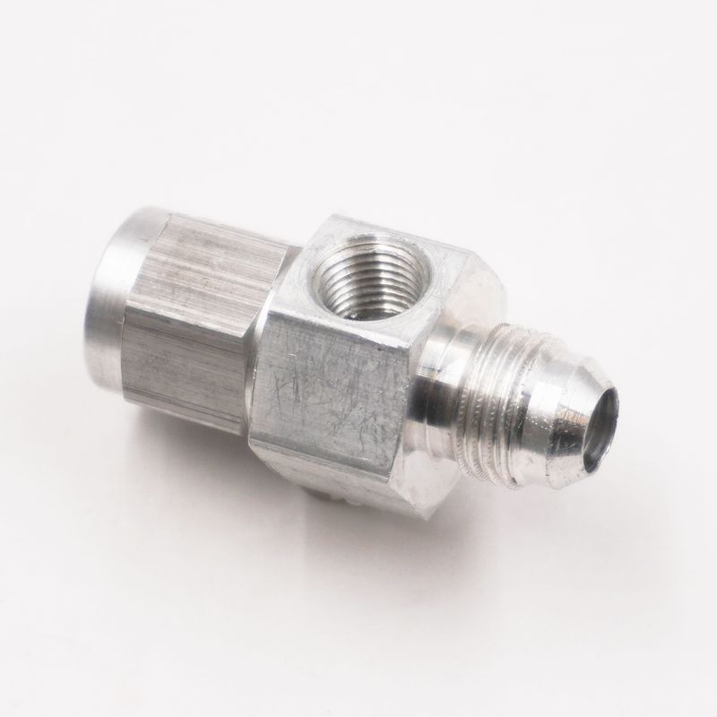 Pressure Gauge Adapter Fitting: -6AN Male x -6AN Female W/ 1/8&quot; NPT Gauge Port in Hex - (Clear Aluminum)- 5320C