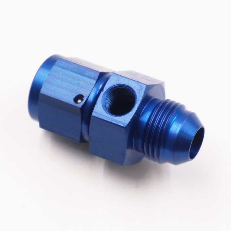 Pressure Gauge Adapter Fitting:  -8AN Male x -8AN Female W/ 1/8&quot; NPT Gauge Port in Hex - (Blue Aluminum) - 5330