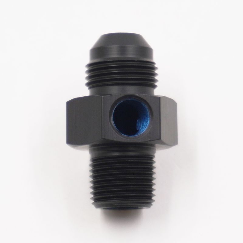 Pure Stealth Pressure Gauge Adapter: -8 AN x 3/8&quot; NPT Male W/ 1/8&quot; NPT Gauge Port( Blue Aluminum) - X5315