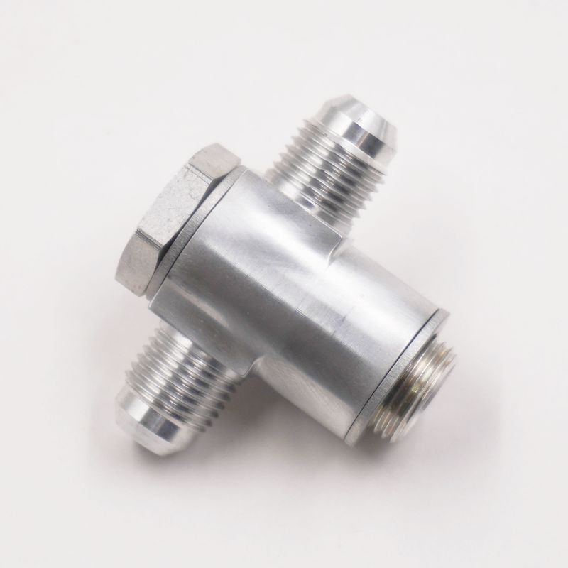 Double Carburetor Banjo Fitting Assembly: 5/8-20 x -6AN Double Banjo Fitting (Clear Aluminum w/ Crush Washers) - 5255