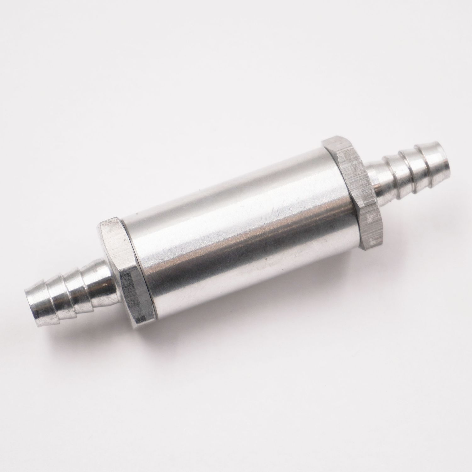 Fuel Filter Assembly: 3/8&quot; Hose Barb x 3/8 Hose Barb - 100 Micron Stainless Element - 1&quot; Diameter (Clear Aluminum) - 5040