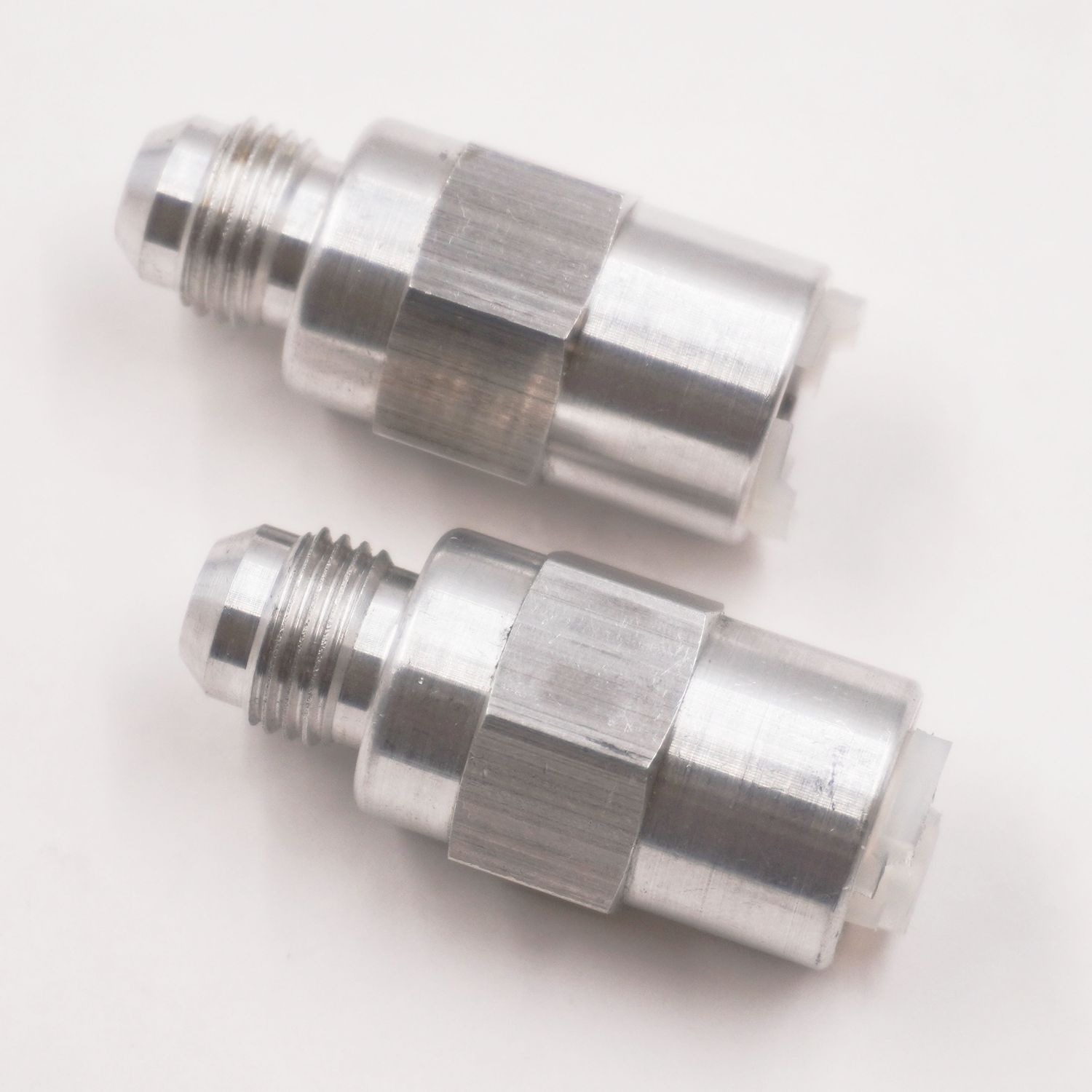 Ford Fuel Filter Adapter Fittings: 5/16 Female Push Connect x -6AN Male fittings  - (Pair - Clear Aluminum) - 5790
